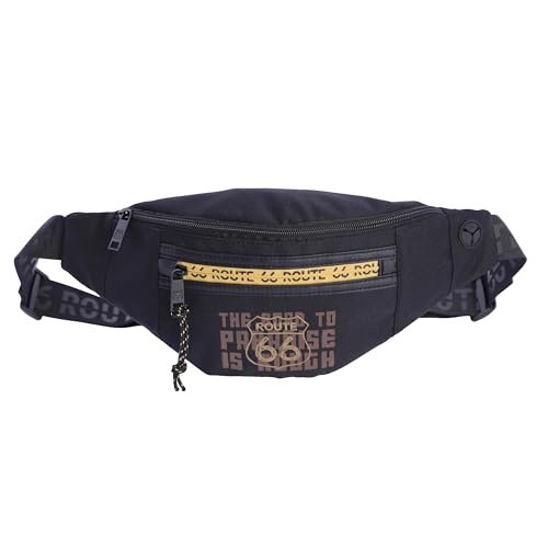 ROUTE 66 Torba na pasek męska - Czarna męska saszetka biodrowa na każdą okazję, posiada 3 przegródki i wewnętrzną kieszeń na zamek błyskawiczny, wyjście kabla słuchawkowego, Czarny (Black), Torba