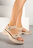 Sandały damskie - Beżowe Sandały na Grubej Tłoczonej Podeszwie z Metalicznymi Ozdobami Odivessa - miniaturka - grafika 1