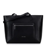 Torebki damskie - Skórzana torba shopper z kieszeniami na froncie czarna ze srebrnym logo - miniaturka - grafika 1