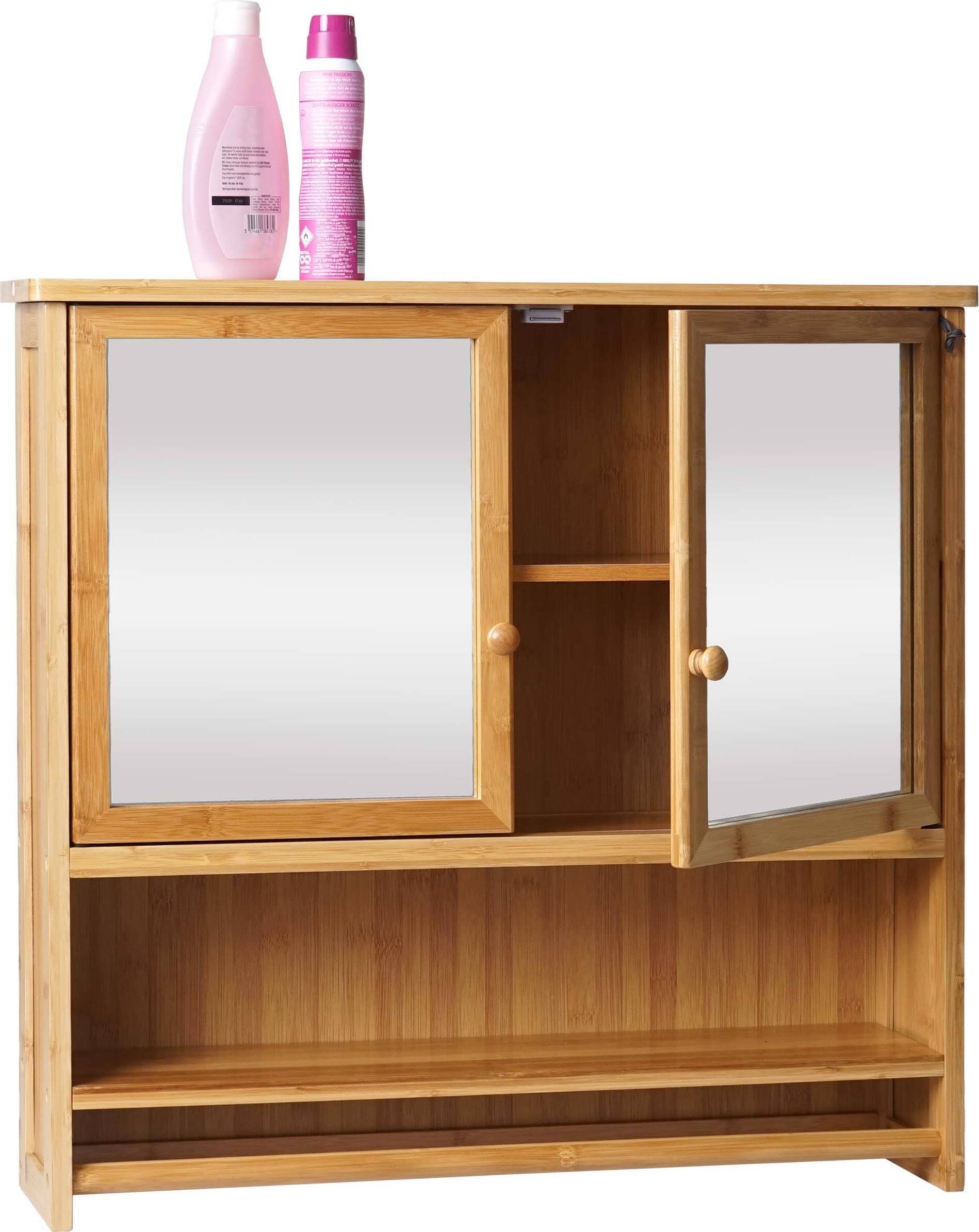 Szafka z lustrem HWC-B18, szafka łazienkowa z lustrem, 3 półki 2 drzwi lustro bambus 62x66x15cm