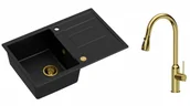 Zlewozmywaki z baterią - Quadron Zlewozmywak granitowy jednokomorowy 78*50*22 cm z ociekaczem MORGAN 111 PURE CARBON czarny ze złotym odpływem z baterią JESSICA Q LINE z wyciąganą wylewką i funkcją prysznica kolor złoty - miniaturka - grafika 1