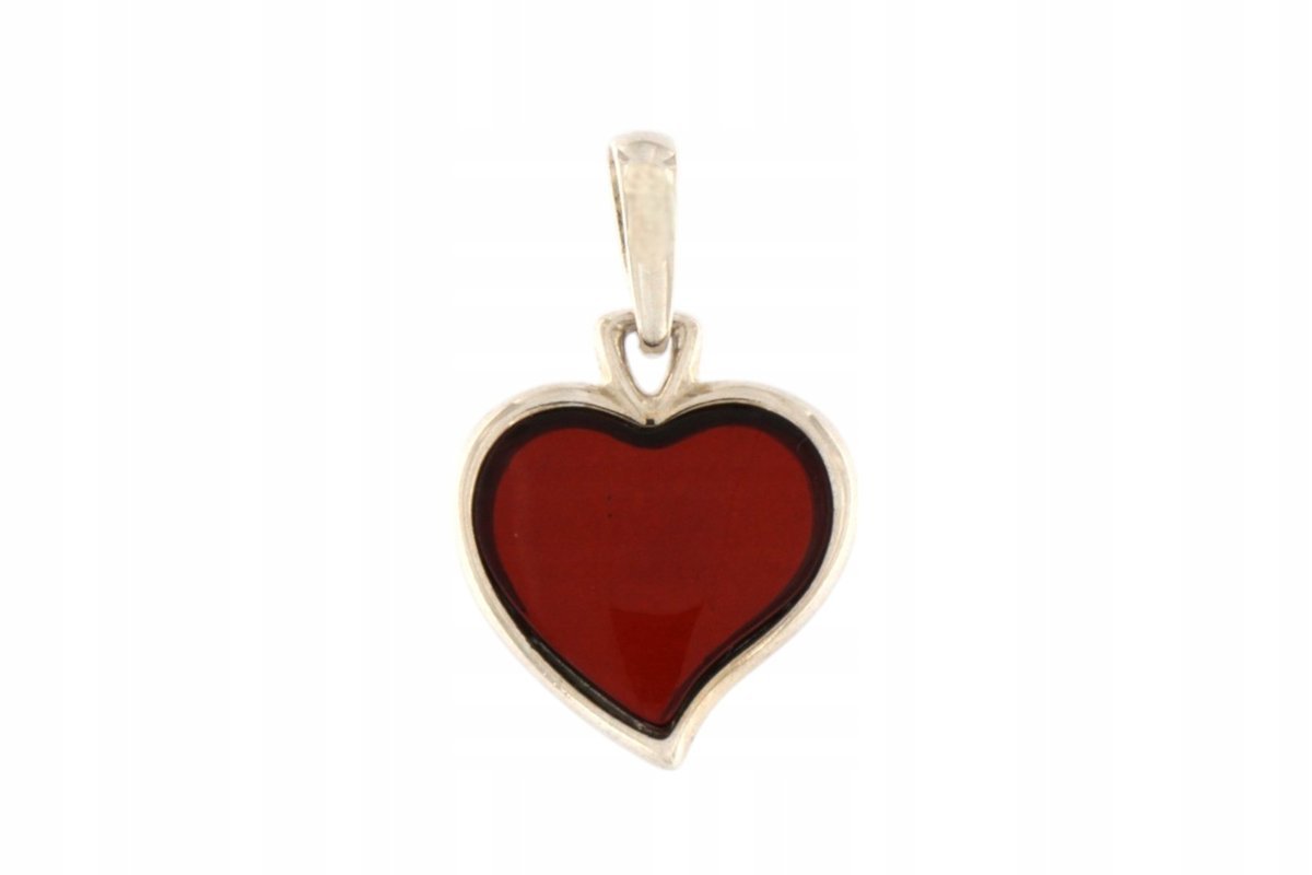 Srebrna zawieszka bursztynowe serce 925 - średni wiśniowy wisiorek