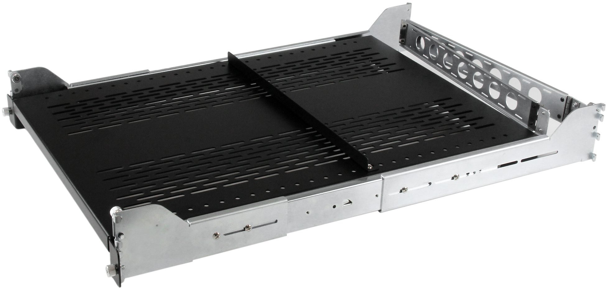 StarTech .Com 2HE wysuwana wentylowana półka do szafy serwerowej 19-calowej z prowadnicą kabli / z regulowaną głębokością montażu do 56,7 kg - Rack - półka - czarny - 2U - dla P/N: RK1233BKM, RK2433BKM, RK2537BKM, RK3236BKF, RK4236BKB, RK4242BK24, RK4242B
