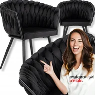 Krzesła - Krzesło Tapicerowane Welur Glamour ELENA Plecione Czarne Do Salonu Jadalni - miniaturka - grafika 1