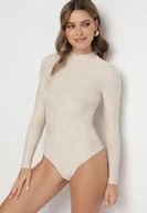 Body - Beżowe Body z Wiskozą ze Stójką i Tłoczonym Wzorem Ravistea - miniaturka - grafika 1