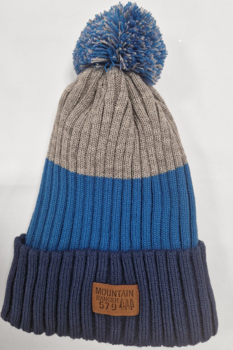 Czapka Chłopięca Zimowa z Pomponem Granatowo-Niebiesko-Szara