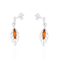 Kolczyki - Srebrne kolczyki z bursztynem listki sztyfty pr. 925 - miniaturka - grafika 1