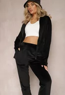 Dresy damskie - Czarny Welurowy Komplet Dresowy 2-Częściowy z Bluzą z Kapturem i Spodniami Fiksena - miniaturka - grafika 1