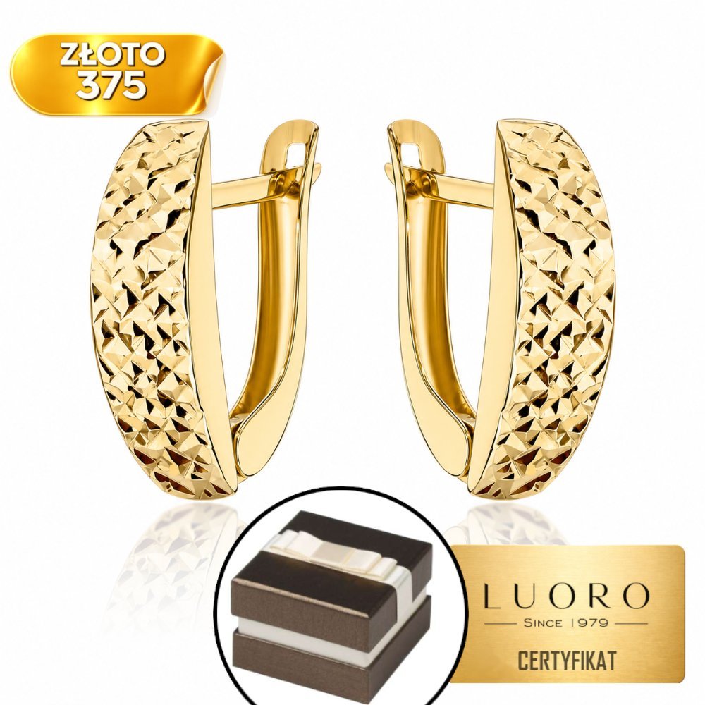 KOLCZYKI ZŁOTE 375 PROSTOKĄT ANGIELSKIE ZAPIĘCIE DIAMENTOWANE 14 MM