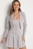 Komplety damskie - Szary Komplet Sukienka z Gumką w Biuście i Krótka Marynarka Sefilana - miniaturka - grafika 1