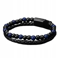 Bransolety męskie - Bransoletka męska pleciona z koralikami 21 cm czarno-niebieska - miniaturka - grafika 1