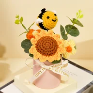 Sztuczne kwiaty - TEMU 1 szt. Realistyczny Bukiet Słoneczników - Ręcznie Robiony Efekt Szydełkowania z Pszczółkami, Żółte Płatki, Brązowe w Pastelowej Różowej Doniczce - miniaturka - grafika 1