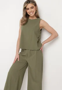 Ciemnozielony Bawełniany Komplet Top i Szerokie Spodnie Kuloty Sinelia - Komplety damskie - miniaturka - grafika 1