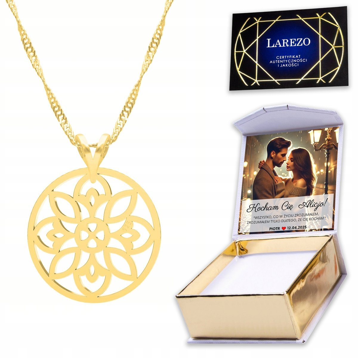 Złoty Naszyjnik 925 z Kwiatem Ażurowym Kwiat Kwiatuszek Ażurowy Ażur NADRUK