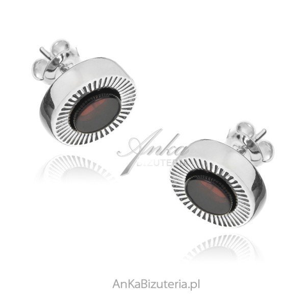 ankabizuteria.pl Kolczyki srebrne z wiśniowym bursztynem okrągłe