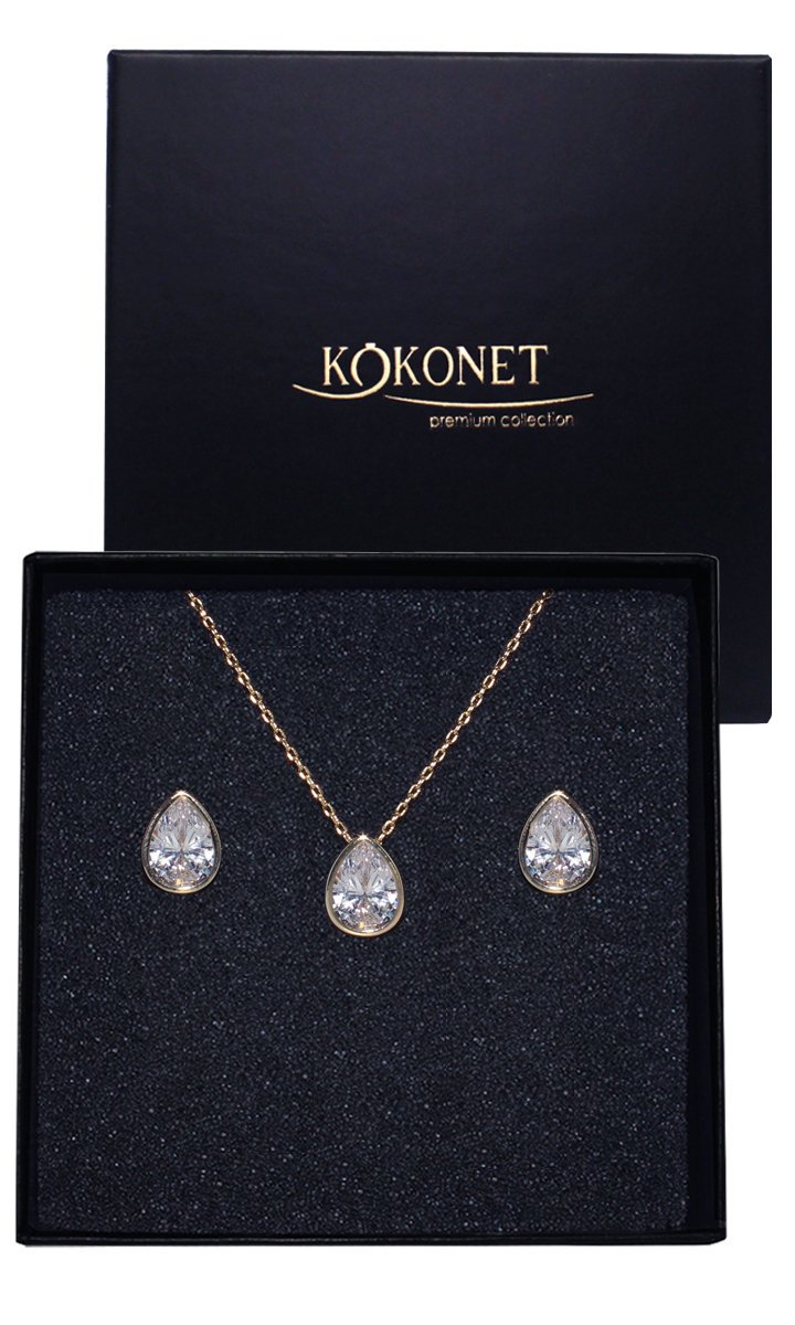 KOMPLET naszyjnik kolczyki z ŁEZKAMI złoty ślub OKAZJĘ rocznicę pudełko