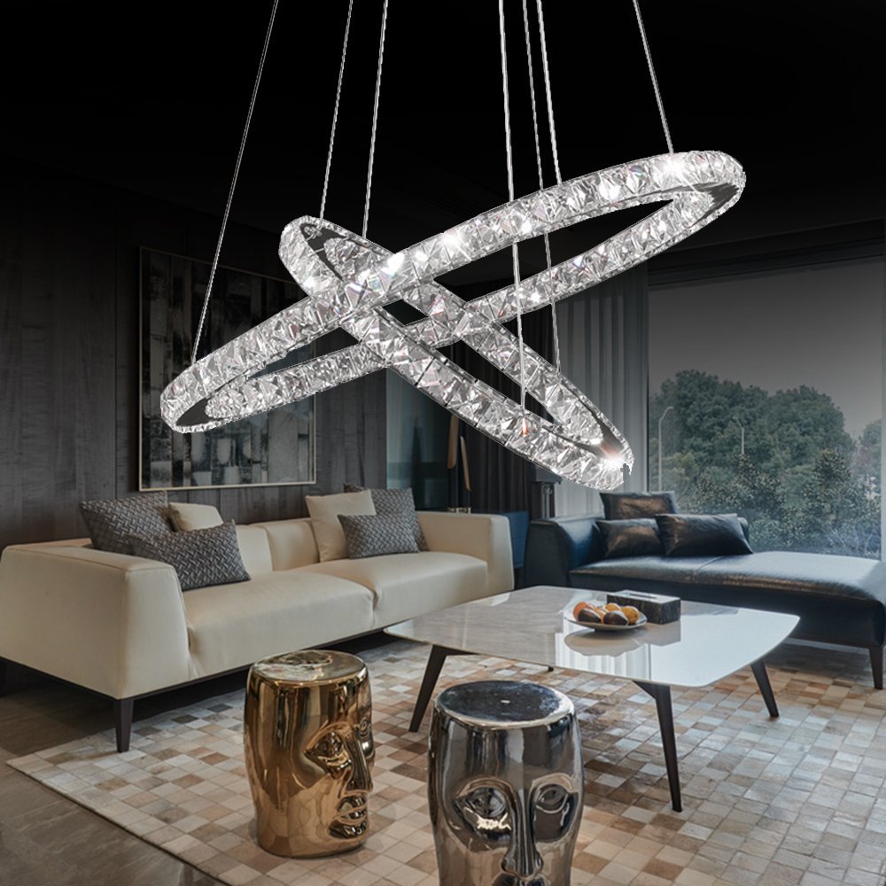 UISEBRT 48W LED Crystal Design Lampa wisząca Dwa pierścienie zimna biała lampa sufitowa Lampa wisząca Kreatywny żyrandol