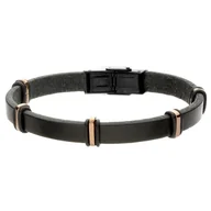 Bransolety męskie - Czarna, skórzana bransoletka męska klasyczna, z brązowymi ozdobami - miniaturka - grafika 1