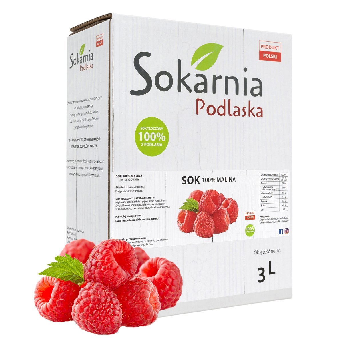 SOK MALINOWY 3L Tłoczony 100% NFC Przepyszny Smak Z Polskich Malin