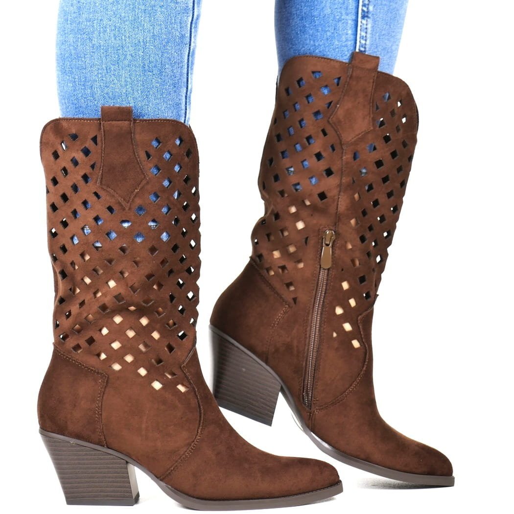 KOWBOJKI AŻUROWE KOZAKI PRZED KOLANO SEASTAR 605P BRĄZOWE ZAMSZOWE, 36, 23,5cm