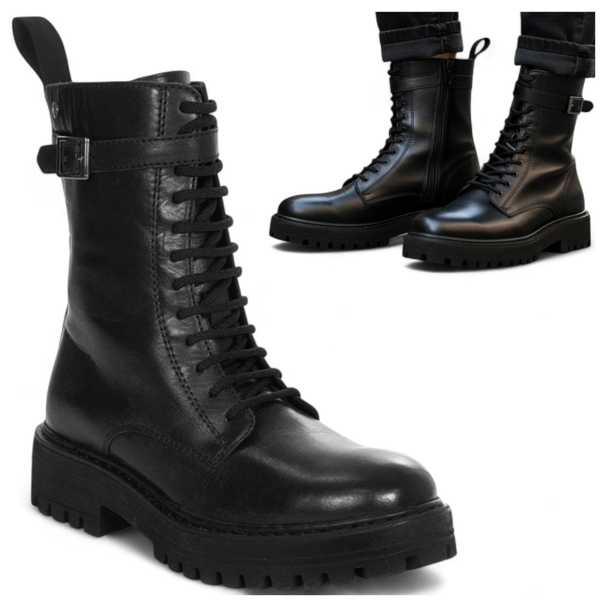 Damskie Botki Maciejka SKÓRZANE Wysokie Glany Jesienne Sznurowane Czarne 38