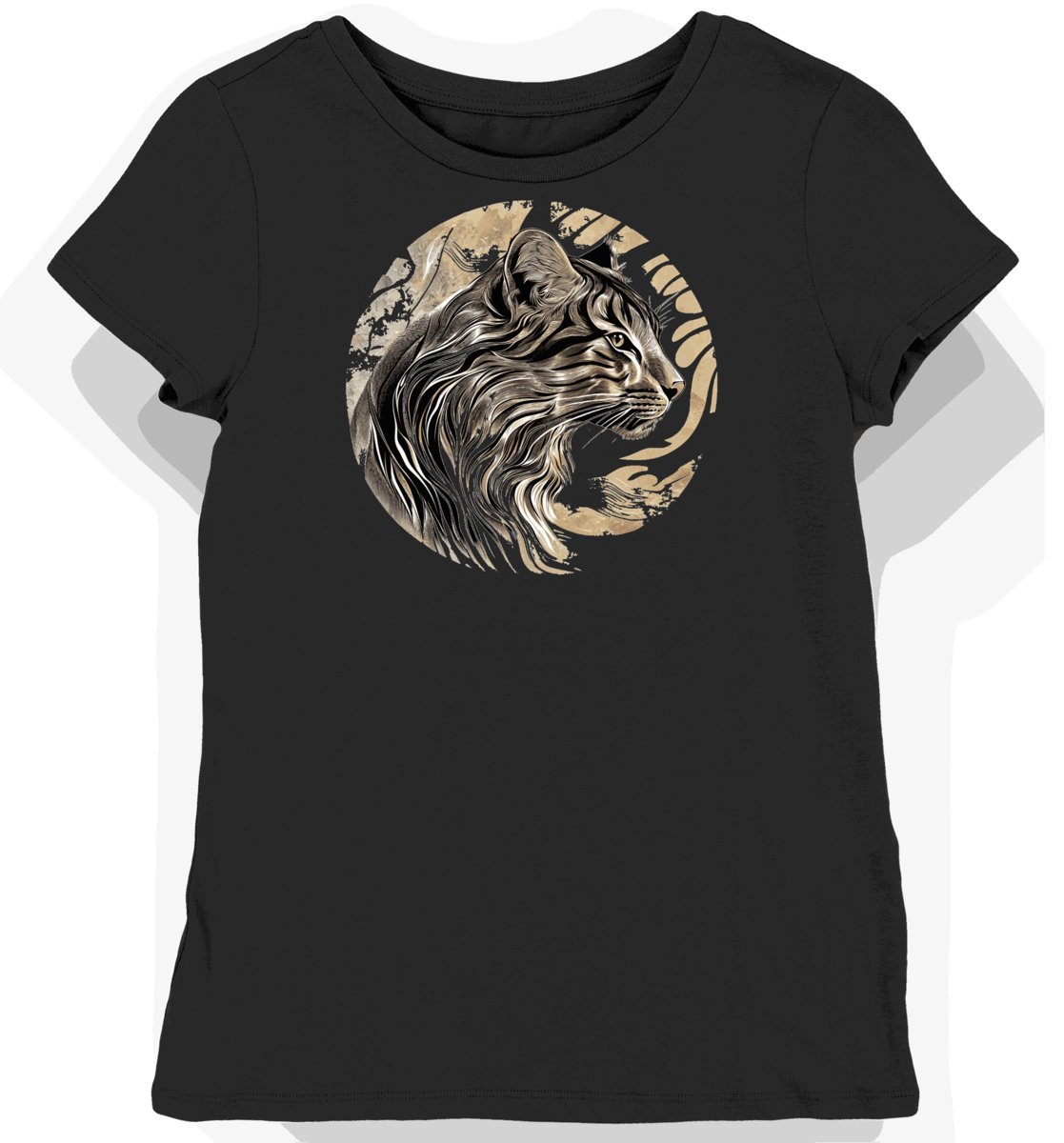 Koszulka damska czarna z motywem eleganckiego felina w nocnym blasku S