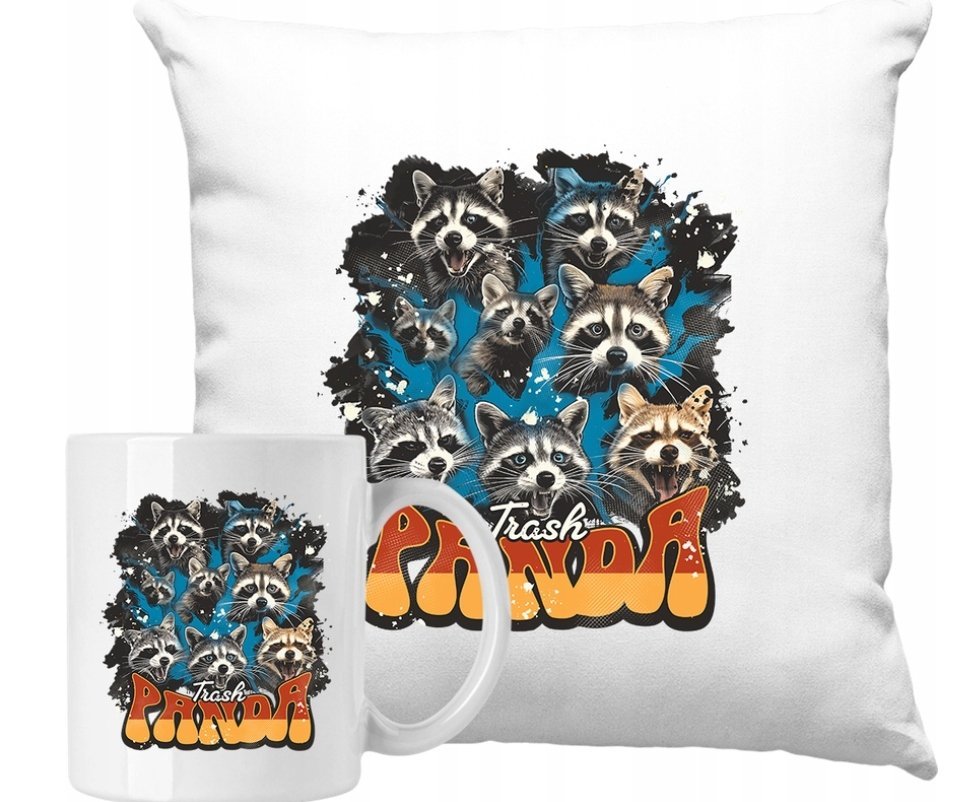 ZESTAW PODUSZKA + KUBEK Racoon Szop Miły Panda Pomysł Na Prezent + IMIĘ