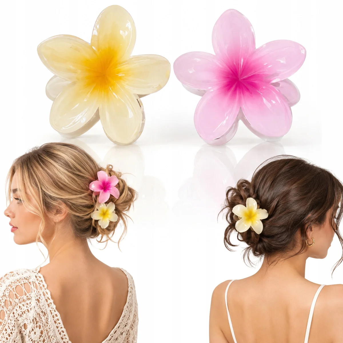 KLAMRY DO WŁOSÓW DUŻE HAWAJSKIE 2 SZT HIBISKUS PLUMERIA 8 CM KWIATY BOHO