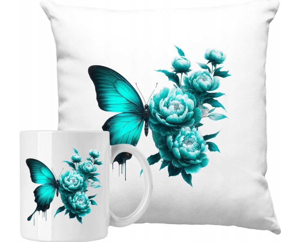 ZESTAW PODUSZKA + KUBEK Motyl Kwiaty Sztuka Pomysł Na Prezent +IMIĘ