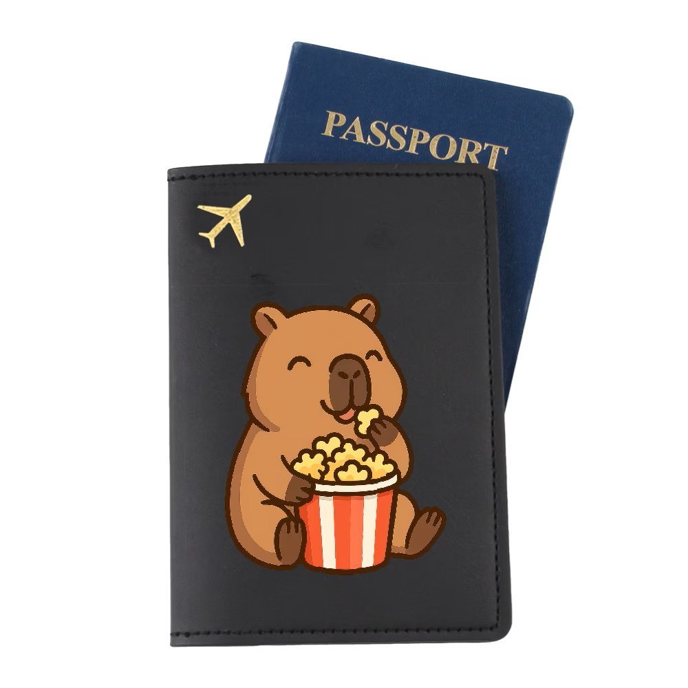 Portfel Etui Pokrowiec na Paszport Kapibara Popcorn Czarny