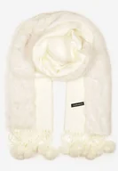 Apaszki i szaliki damskie - Jasnobeżowy Szeroki Szalik Narzutka z Pomponami i Futerkiem Naqila - miniaturka - grafika 1