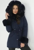 Kurtki damskie - Granatowa Kurtka Parka z Kapturem i Wstawkami z Futerka Caranze - miniaturka - grafika 1