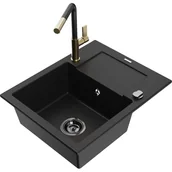 Zlewozmywaki z baterią - Mexen Enzo zlewozmywak granitowy 1-komorowy z ociekaczem i baterią kuchenną Flora, czarny - miniaturka - grafika 1