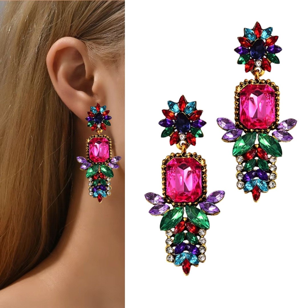 Kolorowe kolczyki FUKSJA zielony czerwień złote listki cyrkonie lekkie