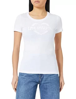 Koszulki i topy damskie - Love Moschino Koszulka damska, regularny krój, z paskiem w paski, długie rękawy i logo, Optical White, 38 - grafika 1