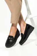 Mokasyny damskie - Czarne mokasyny skórzane damskie na koturnie ozdoba z cyrkoniami wzór wężowy PRODUKT POLSKI Casu 989B-37 - miniaturka - grafika 1