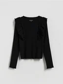 Bluzki dla dziewczynek - Reserved - Prążkowana bluzka z falbanką - czarny - miniaturka - grafika 1