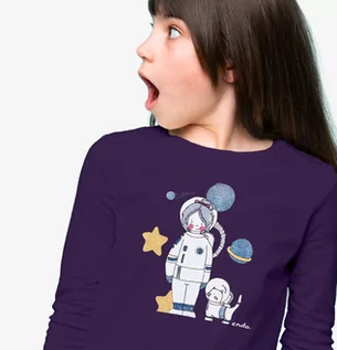 Bluzki dla dziewczynek - T-shirt z długim rękawem dla dziewczynki, z astronautą i kotem, fioletowy 9-13 lat - grafika 1