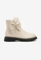 Botki damskie - Beżowe Botki Ozdobione Kokardami i Cyrkoniami Venorith - miniaturka - grafika 1