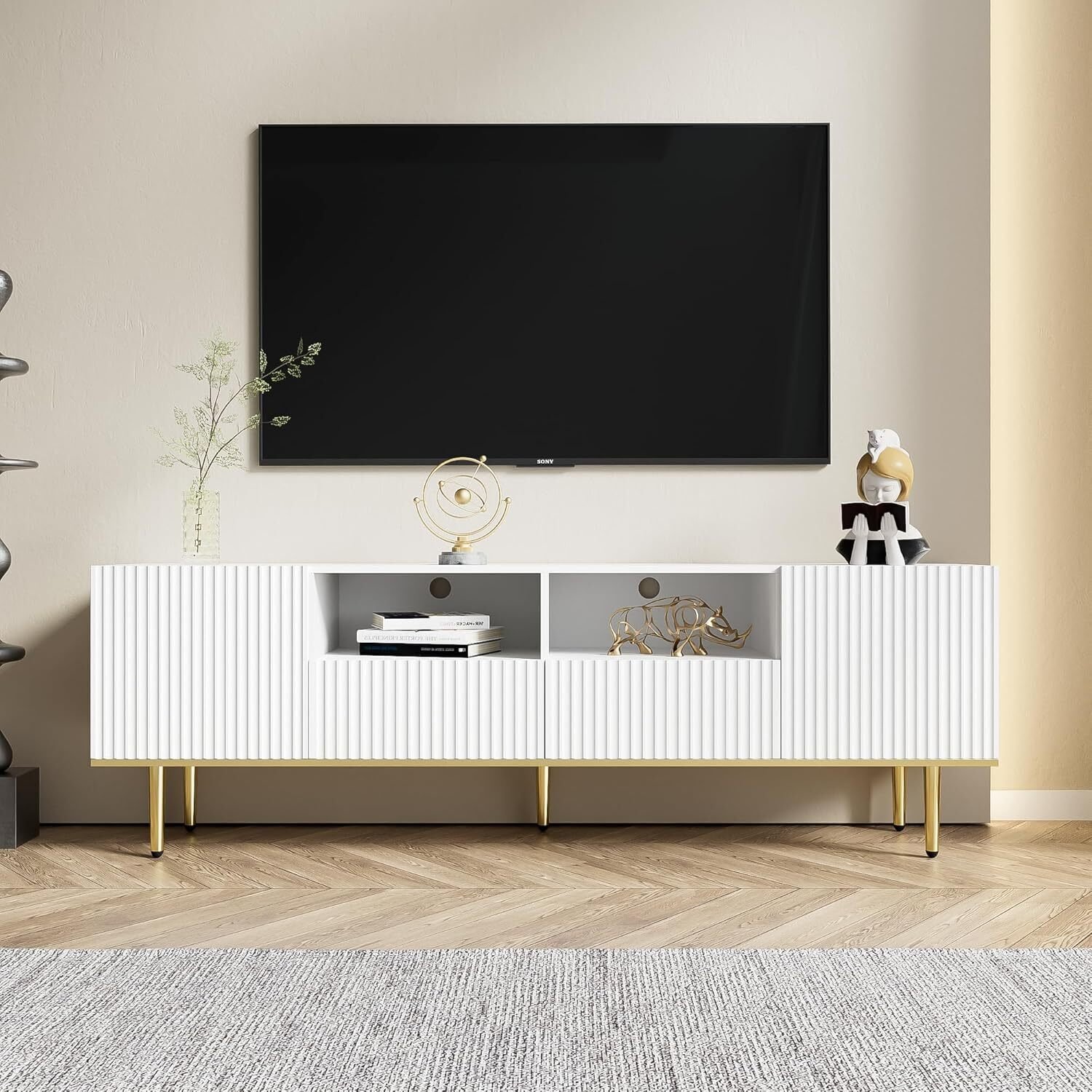 Szafka pod telewizor Fortuna Lai z 2 szafkami, 2 otwartymi schowkami i 2 szufladami, nowoczesna szafka pod telewizor, niska szafka pod telewizor do telewizorów 60-69 cali, 165 x 36 x 55 cm, biała