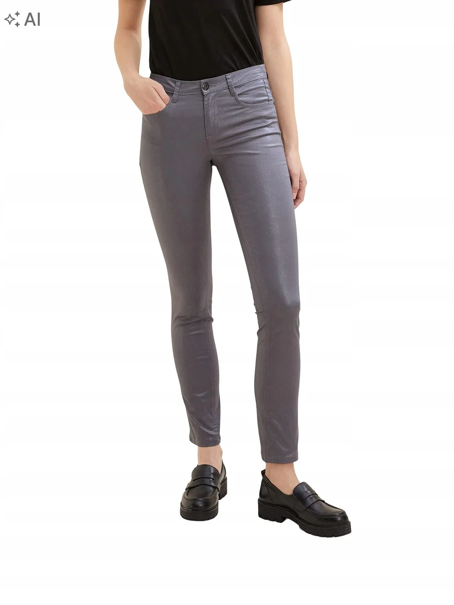 TOM TAILOR SREBRZYSTE SPODNIE CASUAL RURKI Z BAWEŁNĄ 34/32 7DA