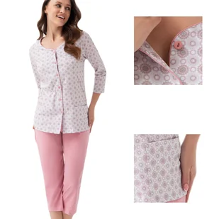 Piżama damska LUNA kod 668 ecru beżowa różowa w rozetki rozpinana  4XL - Piżamy damskie - miniaturka - grafika 1