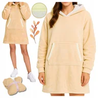 Bluzy damskie - Kocobluza Oversize z Kapturem XXL Gruby Koc Bluza Długa Futrzana Beżowa - miniaturka - grafika 1