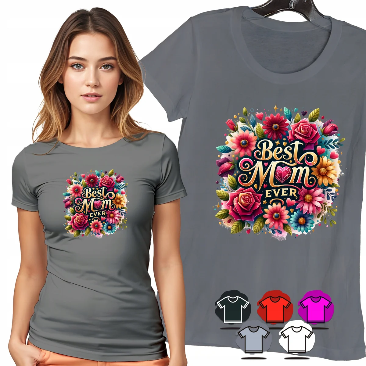 KOSZULKA DAMSKA T-SHIRT - BEST MOM EVER CZERWONE RÓŻE KWIATY WZÓR MODA - XX
