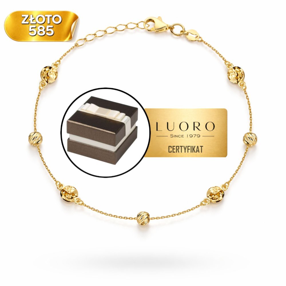 BRANSOLETKA ZŁOTA 585 14K DIAMENTOWANE KÓŁECZKA KULKI 17 CM REGULOWANA