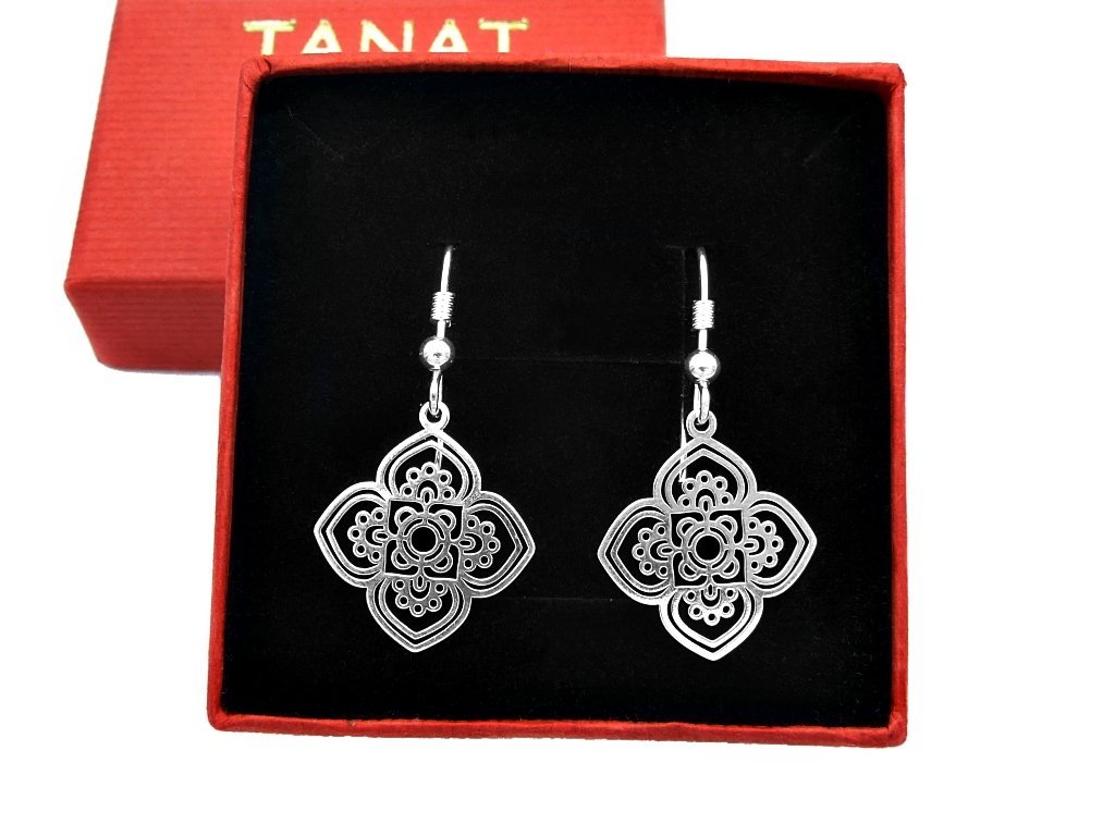 Srebrne kolczyki wiszące ażurowe mandala + pudełko