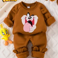 Dresy i komplety dla chłopców - TEMU Series Boys' Jesień i Nowy Zestaw Looney : Wygodny Miękki Okrągły Dekolt Bluza z Nadrukiem „ Kreskówkowy Duży Usta Potwór”, Urocze Dekoracje - miniaturka - grafika 1