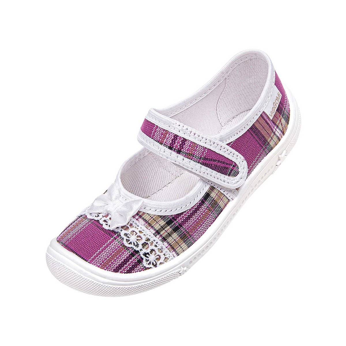 Dziewczęce kapcie w kratę z kokardką 3D różowo-białe