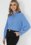 Koszule damskie - Niebieska Koszula ze Stójką i Koronkowymi Zdobieniami Kalla - miniaturka - grafika 1