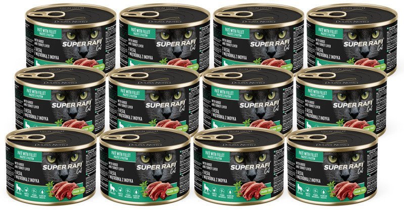 Karma mokra dla kotów sterylizowanych Super Rafi Cat z gęsią i wątróbką z indyka zestaw 12 x 185 g